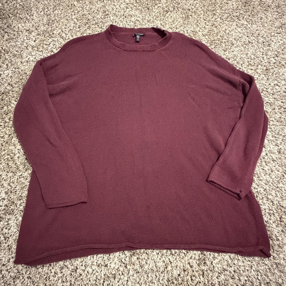 Eileen Fisher Burgundy Organic Cotton Tencel Crew Neck Boxy Sweater Medium